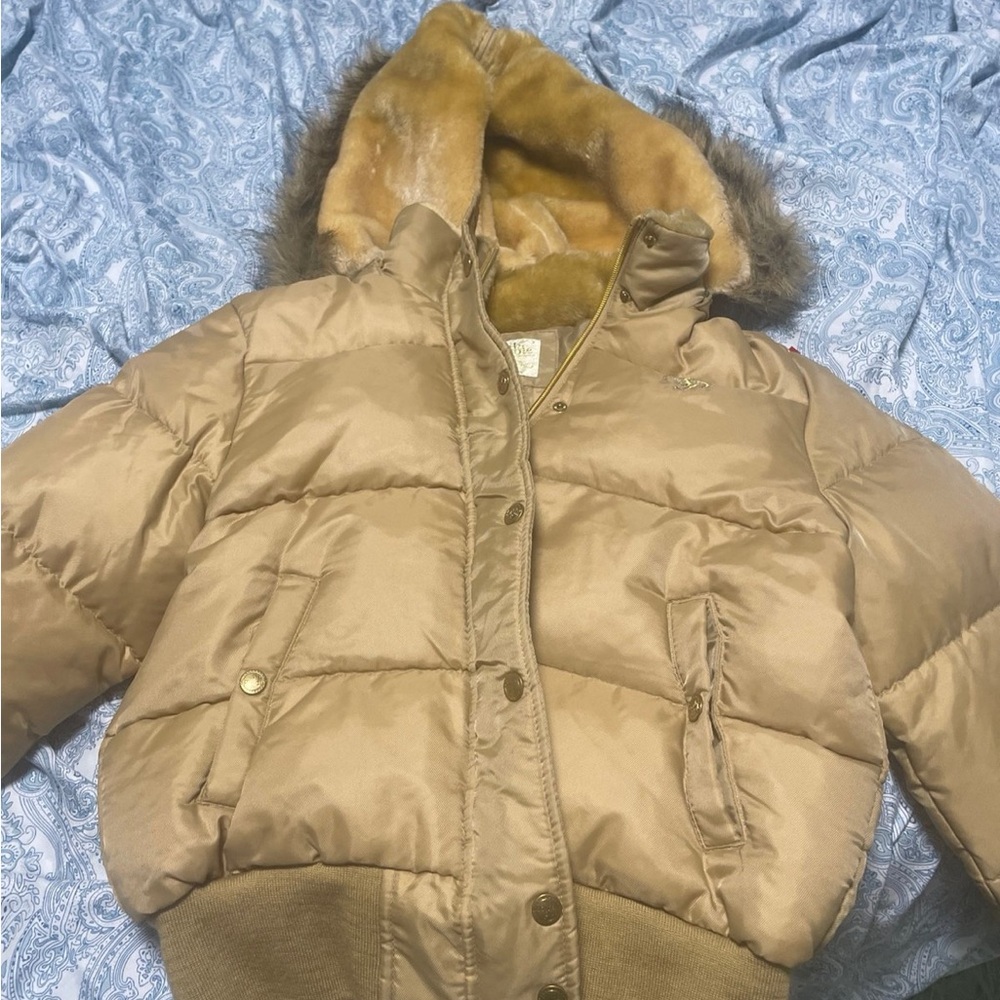Tan Puffer Jacket with Fur Hood